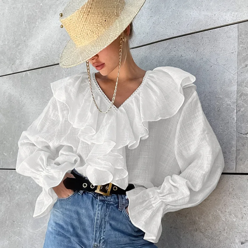 

Off Shoulder Shirt Women European American Pure Cotton Design Lace Sleeves Autumn Winter Ruffle Edge Top Commuting