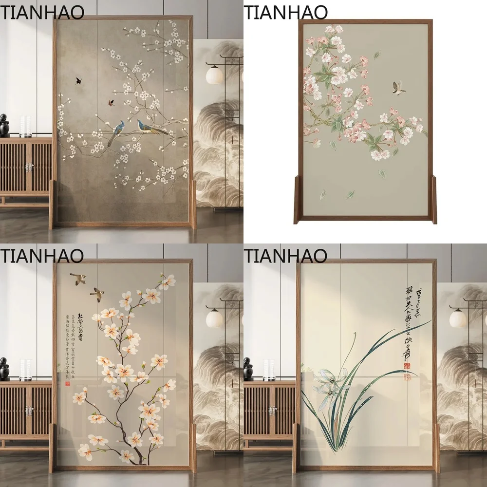 Solid Wood Screen Partition for Living Room Office Entrance and Home Decor in Modern Chinese Style Featuring Floral and Avian