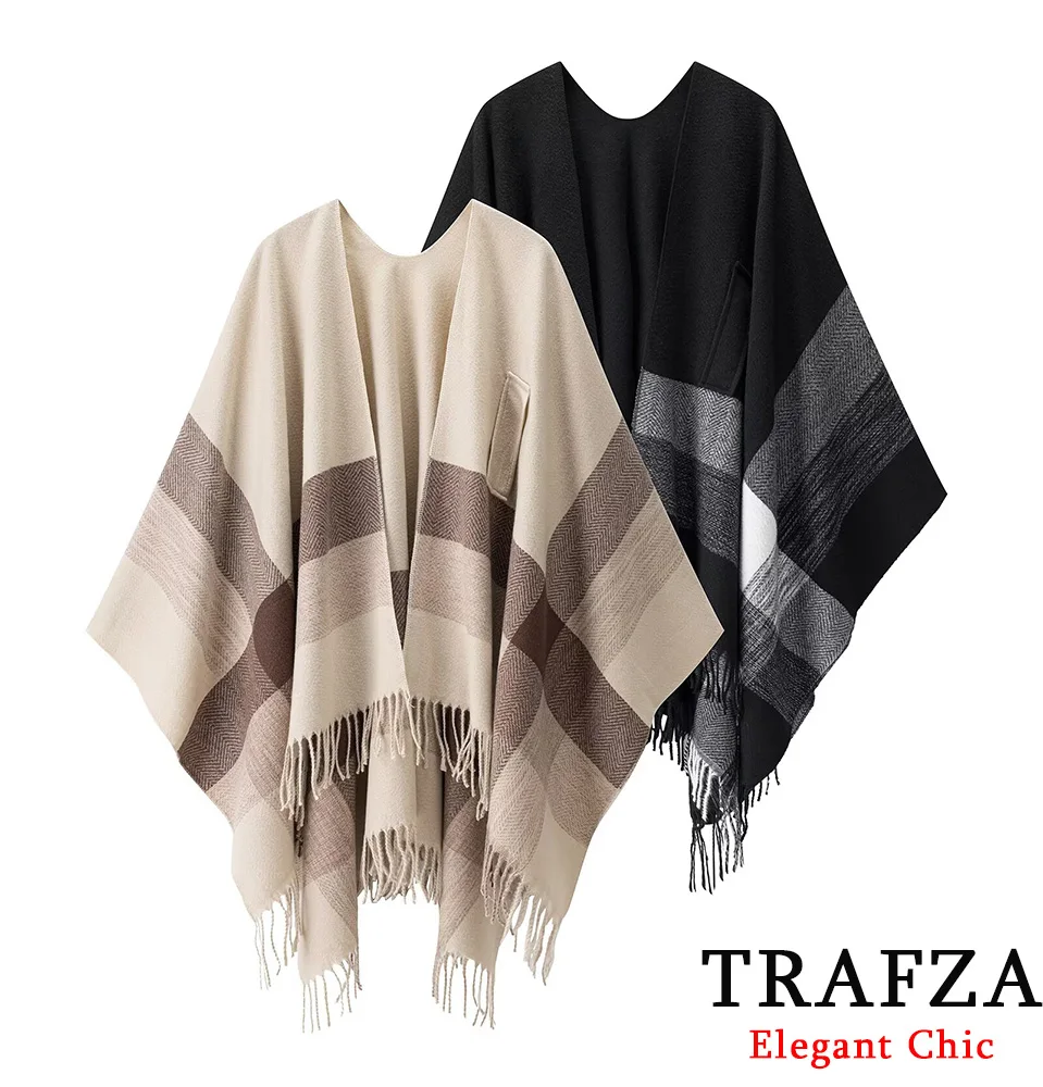 

TRAFZA Women Elegant Chic Shawl Striped Tassel Loose Shawl 2025 New Fashion Home Wear Simple Casual Lady Cape Tops