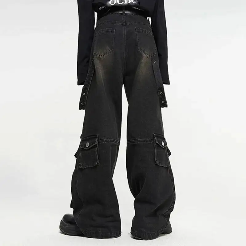 Spring Men's American High Street Multi Pocket Wide Leg Jeans Loose Hip Hop Straight Techwear Denim Handsome Pants 1V2L6