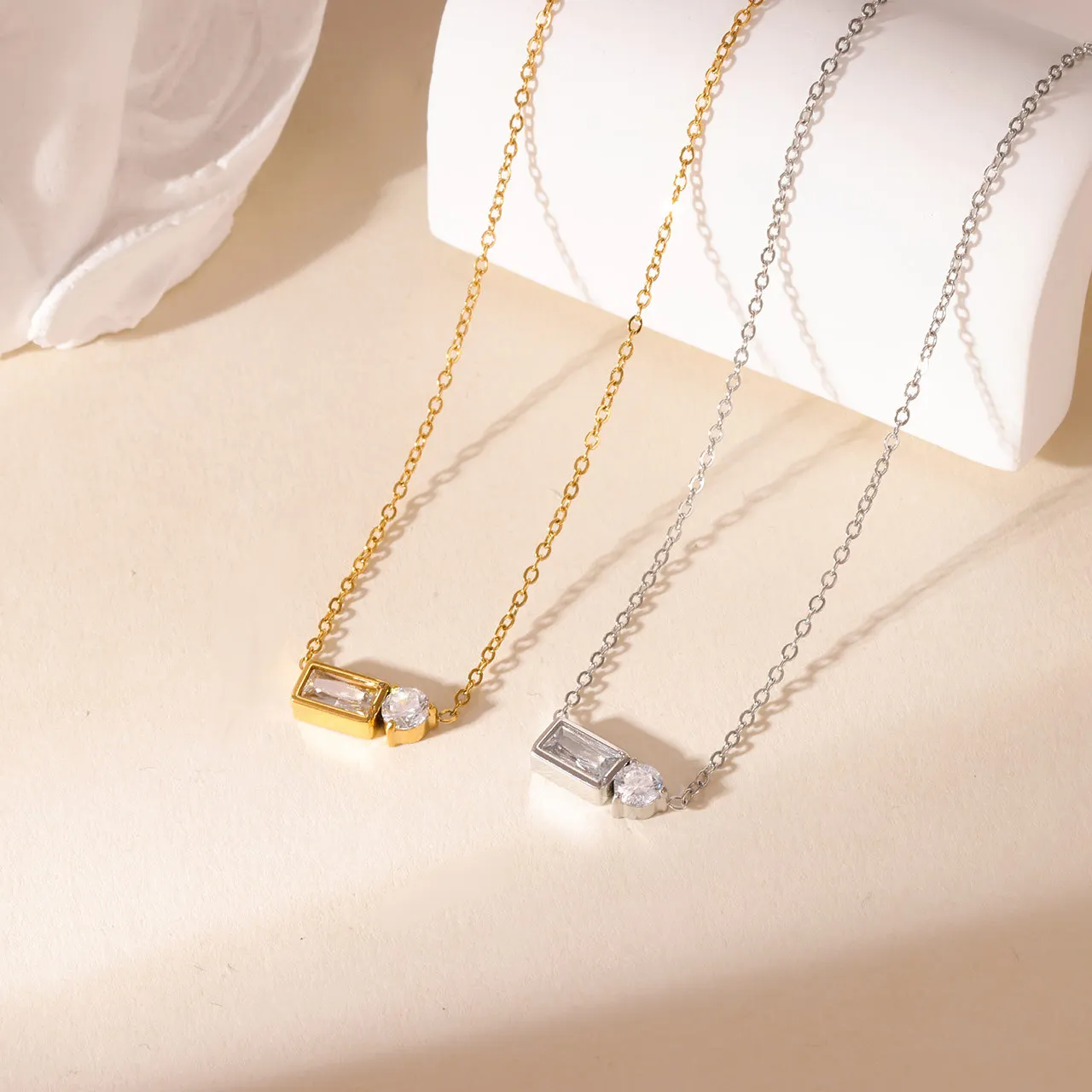 Stainless Stee Baguette & Round CZ Necklace Dainty Two Stone Pendant | Waterproof Fashion Jewelry