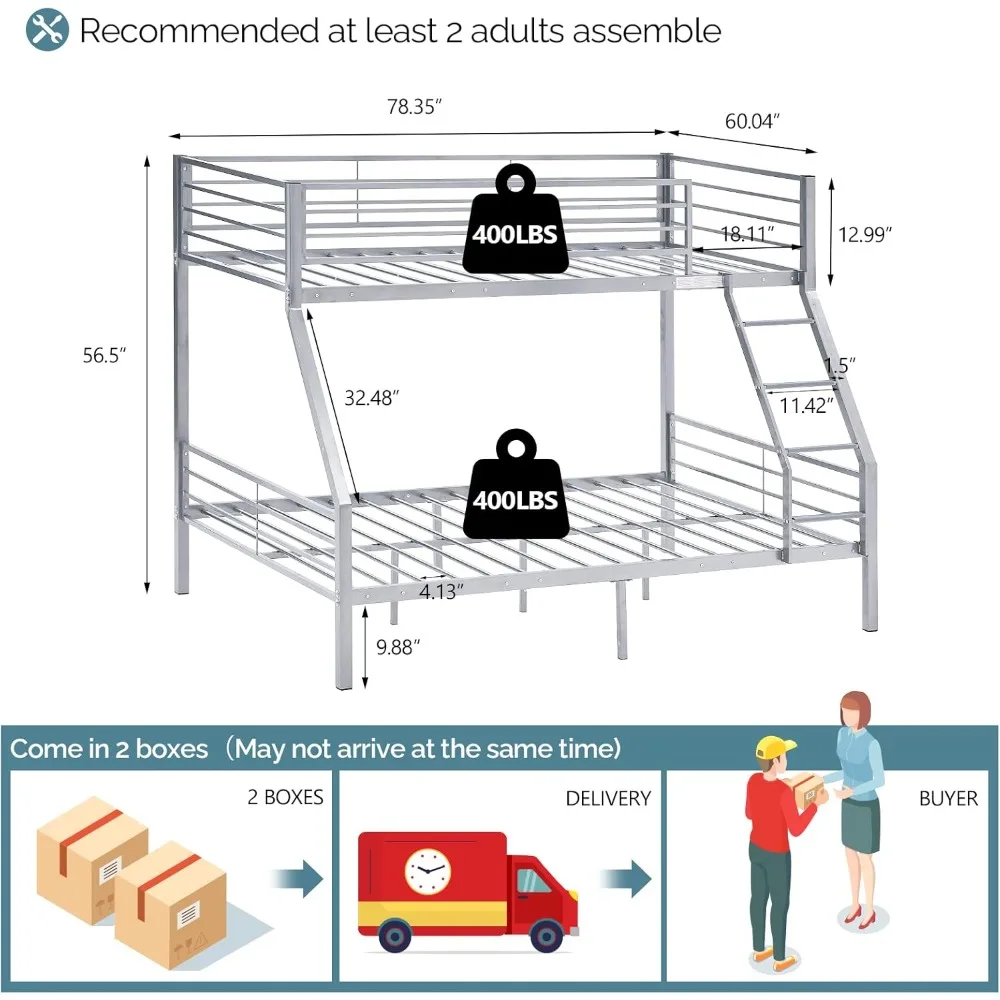 Bunk Beds Twin Over Full Size with Flat Rung Steps, Heavy Duty Bunk Beds for Teens/Adults,13 Inches Reinforced Guardrail, Beds