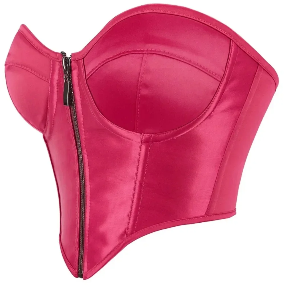 

Fashion Satin Zippper Corsets Crop Top Women Overbust Corset Bra Sexy Strapless Backless Bandage Tube Tank Camisole Corselete