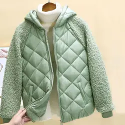 Abrigo de algodón de manga larga para mujer, chaqueta acolchada de felpa suave con capucha, bolsillos de retazos, resistente al frío, con cremallera, Invierno