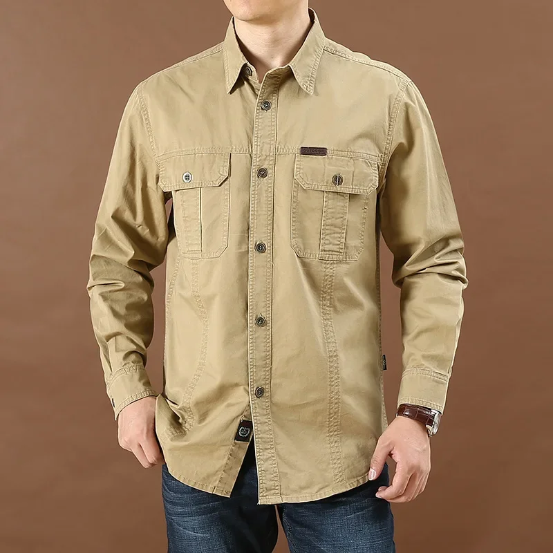 2025 Men\'s Autumn New Pure Color Military Style Casual Shirt Youth Loose Cargo Shirt