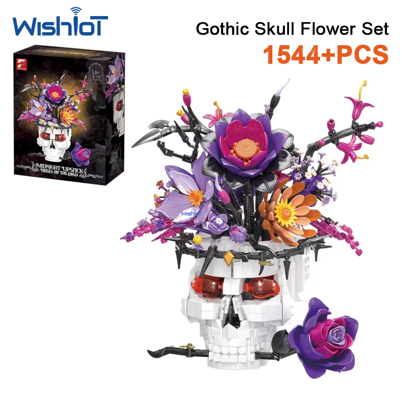 

1543pcs Skeleton Skull Flower Pot Building Blocks Ghost Flower Model Bricks Gothic Desktop Ornament Unique Toy Holiday Gifts