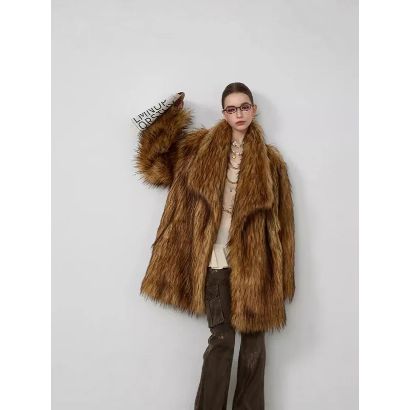 

Winter Women Suit Collar Faux Fur Coat Top Women's Mid-Length Plush Coat