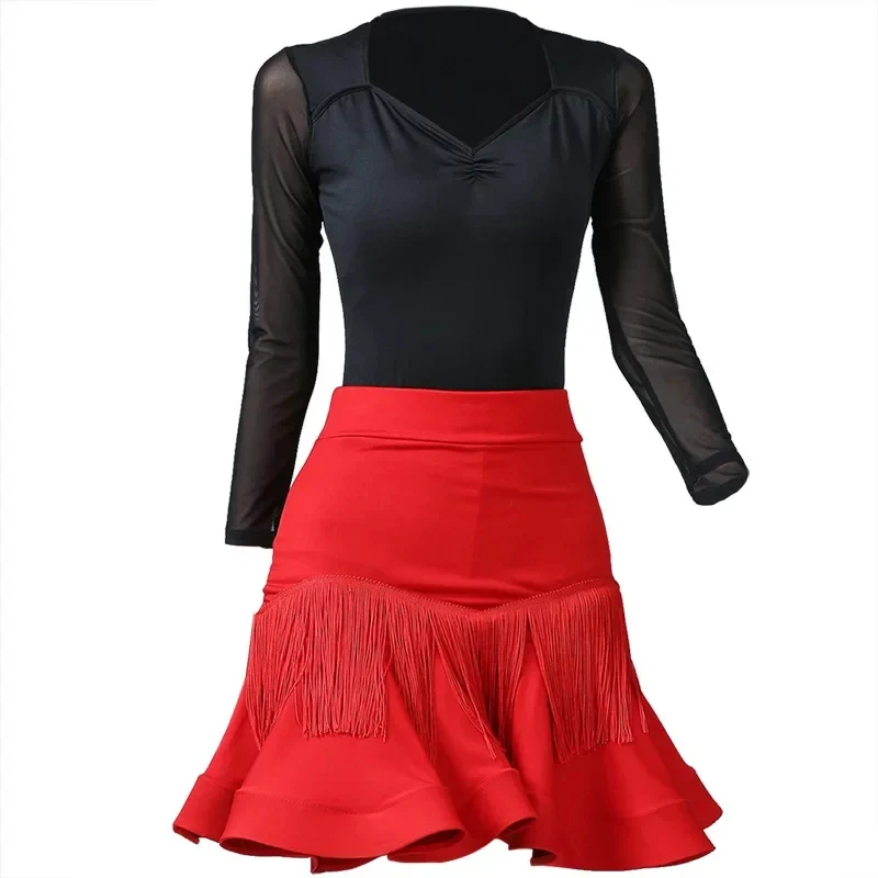 Vestido de baile latino para mujer adulta 2026, color liso, falda con flecos de espina de pescado, para práctica y actuación en escenario, con borlas 5B8S8