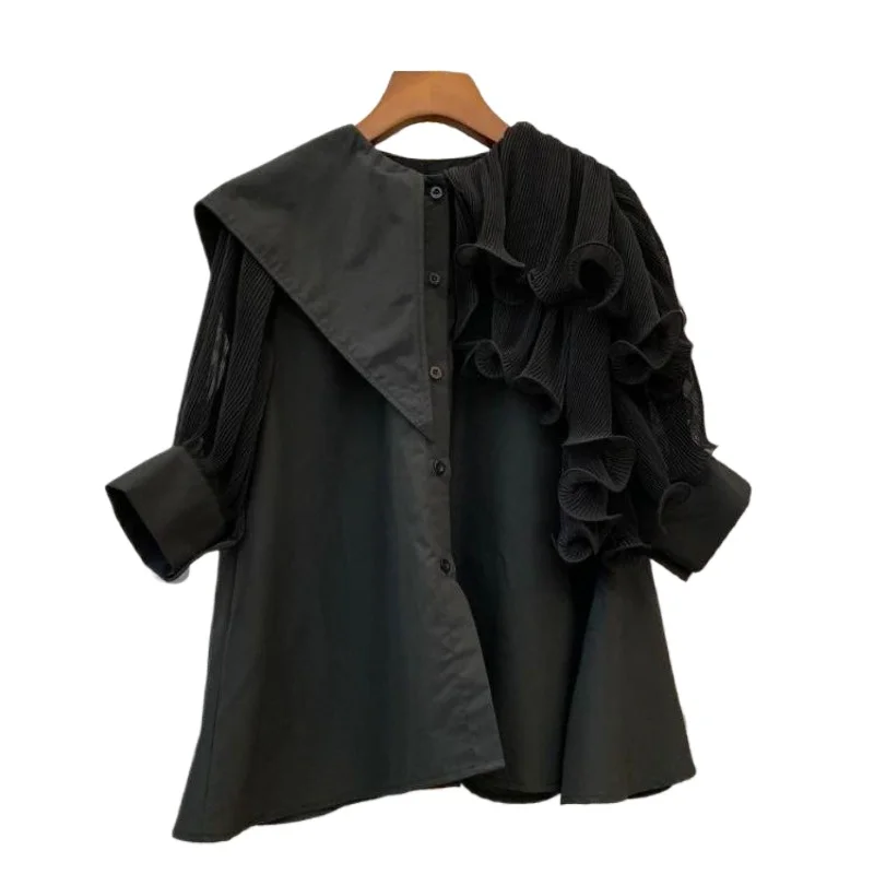

European Station Women's Clothing 2026 New Round Neck Pleated Ruffle Leaf Edge Irregular Splicing Loose Short-sleeved Shirt Top