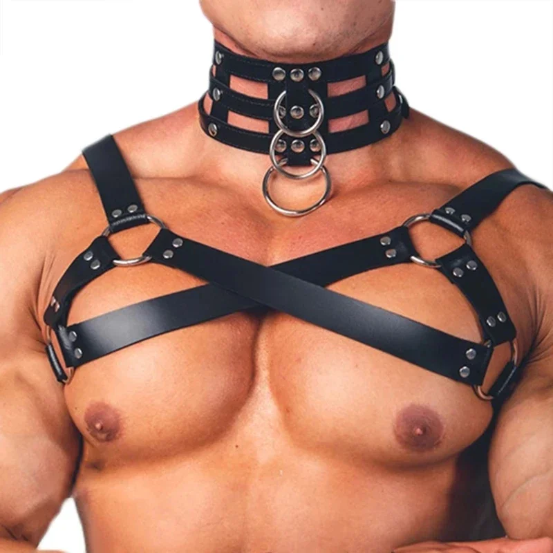 رجل تسخير اليدوية بولي Leather الجلود الوثن مثلي الجنس تسخير عبودية رجل قابل للتعديل الصدر عبودية أحزمة طوق معصمه تسخير القمم