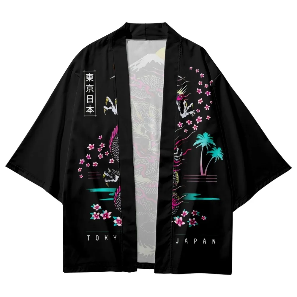 Vintage Ukiyo-e Dragon Print Traditional Japanese Kimono Men Women Beach Yukata Streetwear Black Cardigan Cosplay Haori Coat