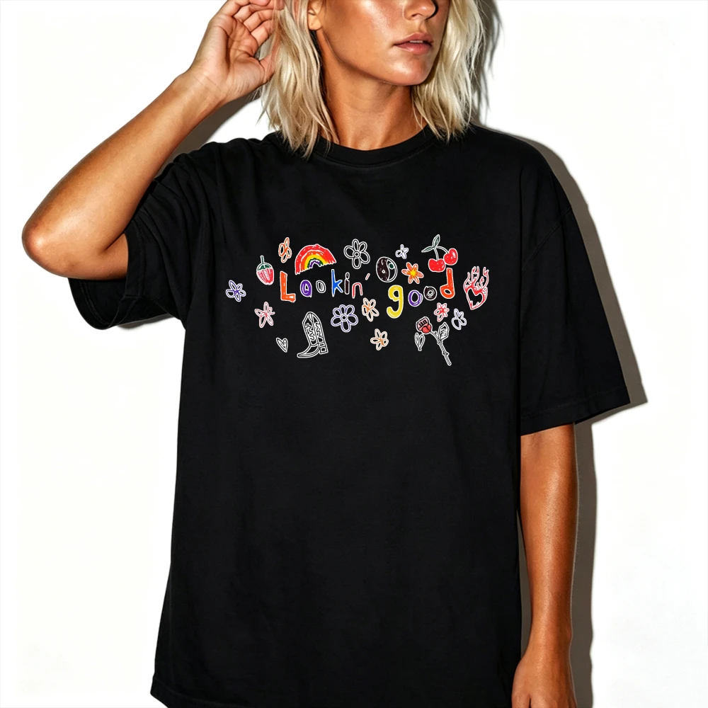 Lookin Good Rainbow Doodle Cute Mini Elements Graphic T Shirt Colorful Hand Drawn Scribble Letter Print Y2K Loose Aesthetic Tops