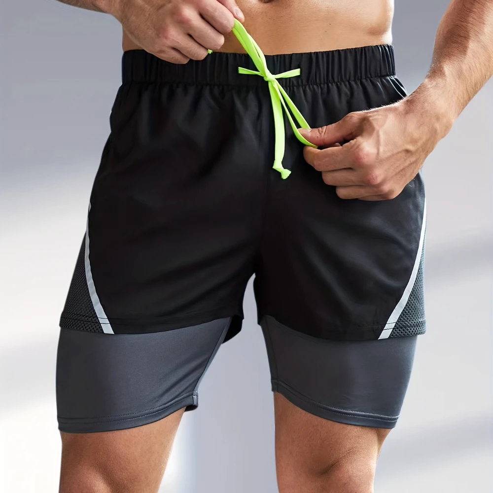 Pantalones cortos informales transpirables para hombre, Shorts 2 en 1 de cintura elástica, secado rápido, deportivos, trotar, doble capa, novedad de