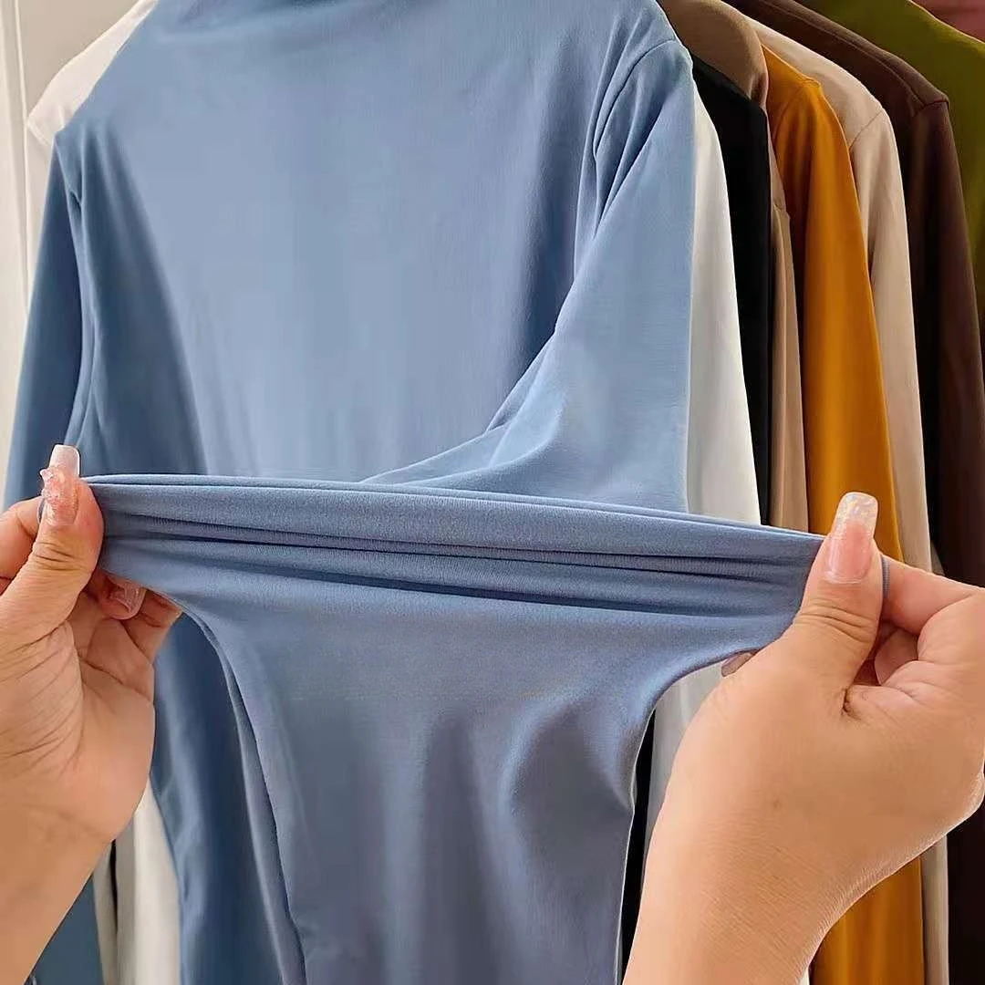 تي شيرت نسائي أنيق بنصف الياقة المدورة وأكمام طويلة مريح بقصة ضيقة أساسي تي شيرت كوري كاجوال مثالي لملابس الخريف والشتاء #6