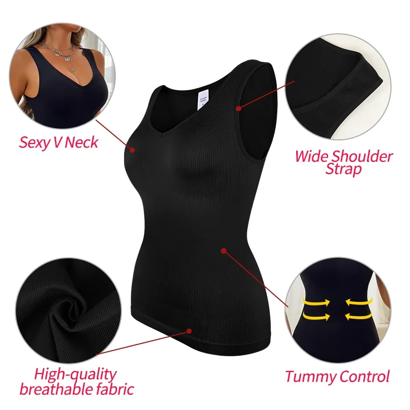 Shapewear Women Shirts S-3XL Sleeveless Body Shaper V Neck Compression Tank Tops Tummy Control Underwear Wide Strap Fajas