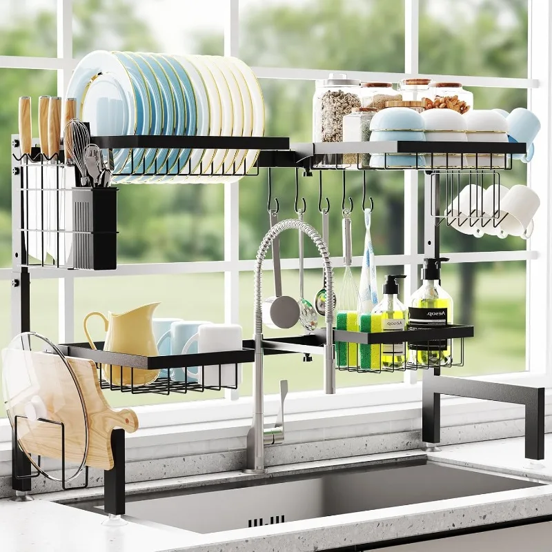 Over The Sink Dish Drying Rack Adjustable (Length and Height) Large Dish Rack, 2-Tier 4 Baskets Stainless Steel Dish Drainers