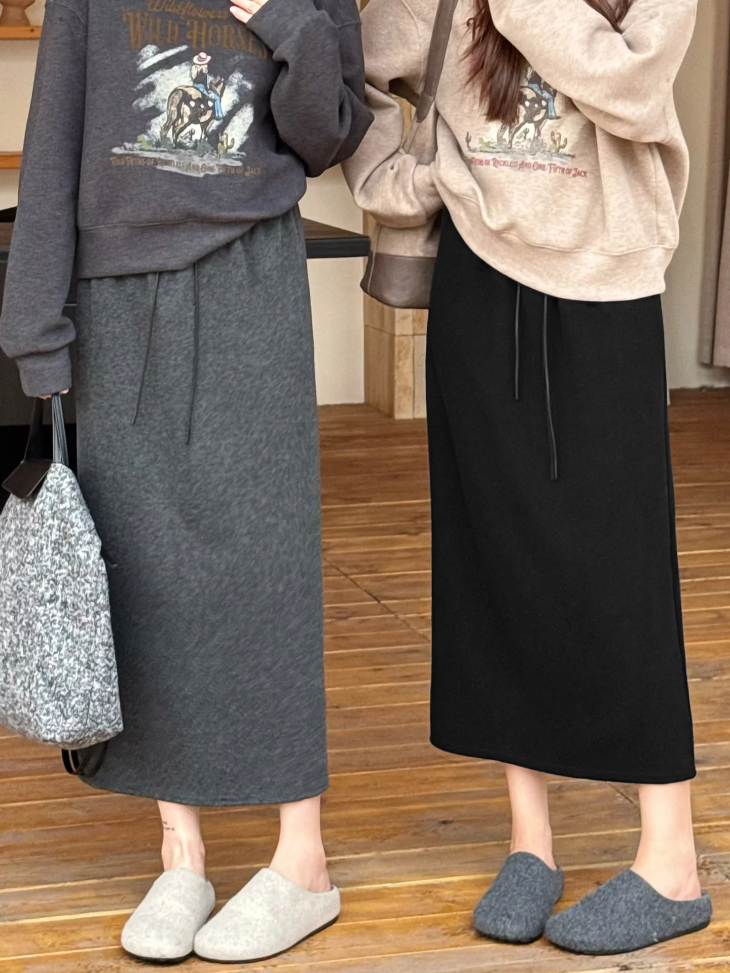 

Women's Woolen Fleece Lined Casual High Waist Elastic Slimming Spring Autumn Winter Long Skirt A-Line Midi Skirt