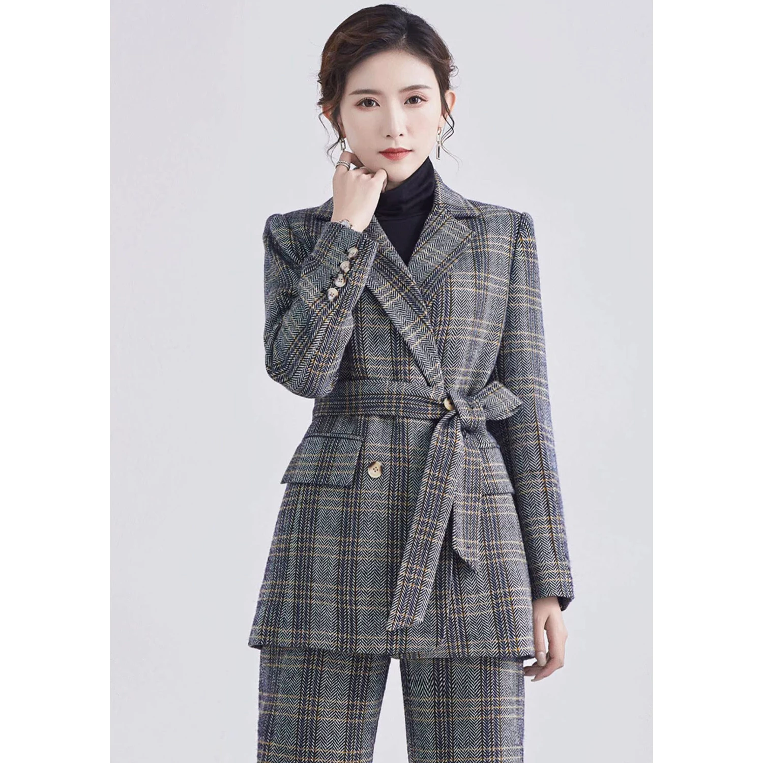Allingentle Plaid Women's Suit 2 Piece Set Elegant Pantsuit Set for Business Party Office Work Outfits Customize