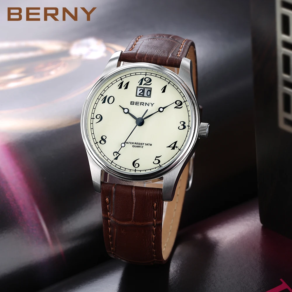 BERNY Men\'s Quartz Watch Classic Dress BERNY VJ76 Male Date Display Wristwatch Easy Read Analog Soft Leather 3ATM Waterproof