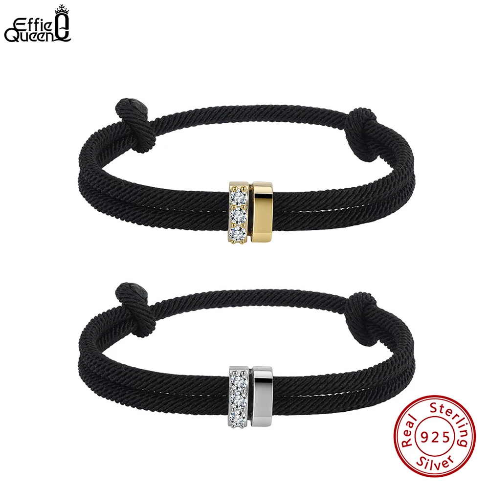 EFFIE QUEEN 925 Sterling Silver 14K Gold AAAA Cubic Zirconia Ornament With Black Rope Chain Bracelet Adjustable Present APB07