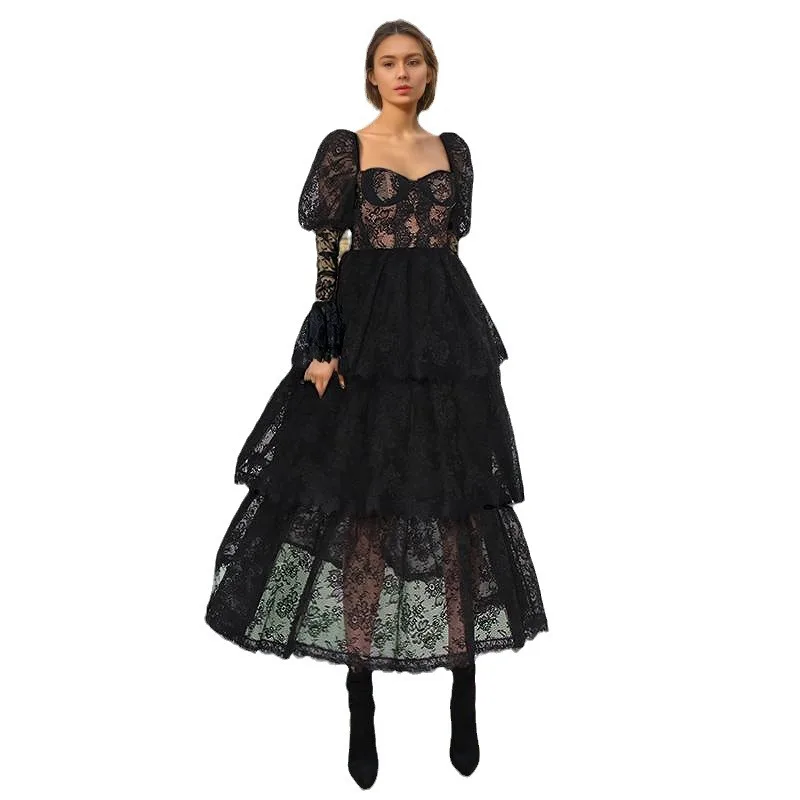 

women's palace square neck puff long sleeve dress lace high waisted a-line tierred maxi dress for party