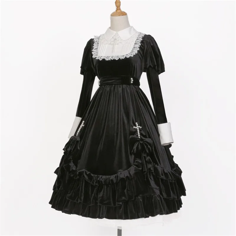 Herfst Winter Gothic Lolita Jurk Retro Lange Mouwen Fluwelen Dark Lolita Prinses Jurk Vintage Kruis Op Jurk Halloween Kostuum