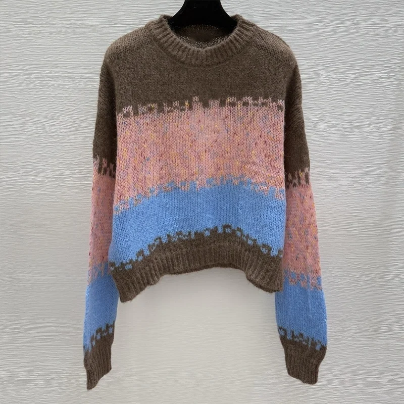 

Высококачественный разноцветный полосатый лоскутный женский пуловер с круглым вырезом и логотипом 251028105