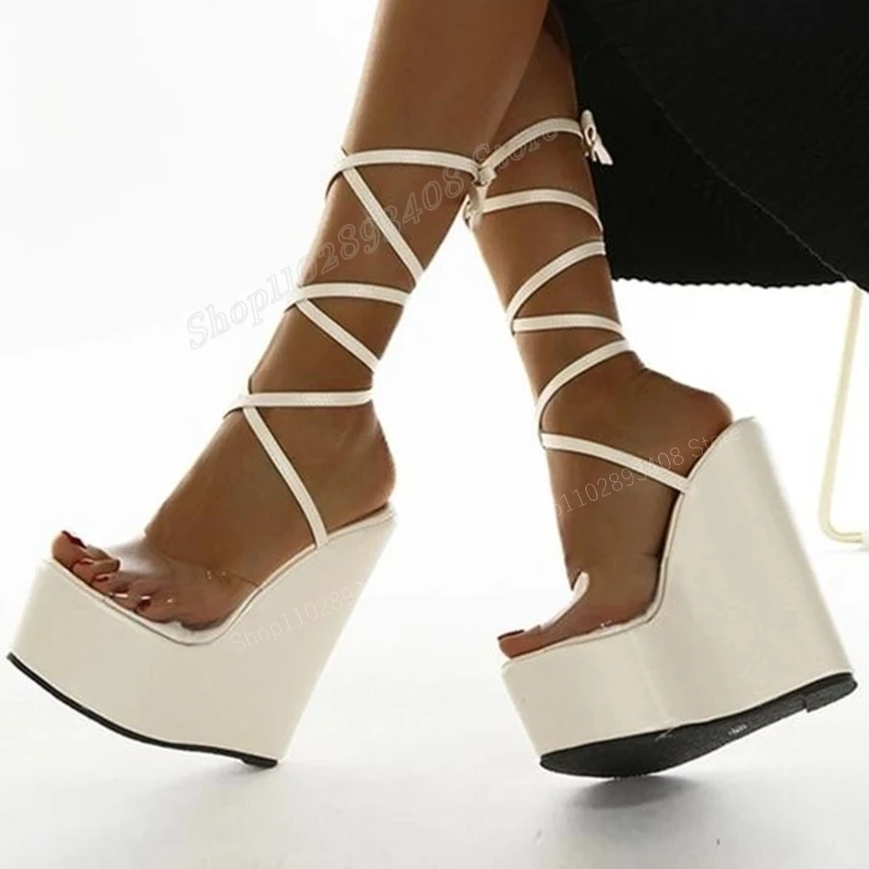 

White Wedges Heel Strappy Sandals Sexy PVC Peep Toe Lace-up Water Platform Concise Women Shoes 2023 Fashion Zapatos Para Mujere