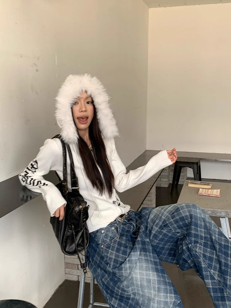 ReddaChic オーバーサイズ ブルー ジーンズ レタープリント ワイドレッグ ストレート デニムパンツ チェック柄 ファッション 秋 カジュアルウェア ロングパンツ