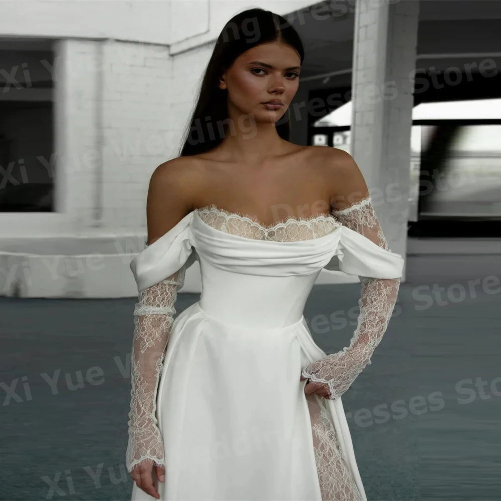 Elegant A Line Women's Wedding Dresses Lace Off Shoulder Vestido De Novia Bride Gowns Customized Sleeveless Side Slit Vestido