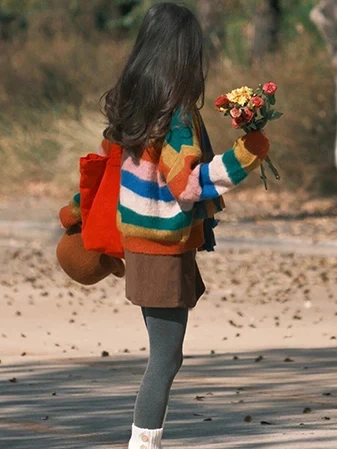 Suéter de Punto con Cuello en V Estilo Coreano de Moda, Rayas Arcoíris, Estilo Universitario Informal, Combinable con Todo, E...