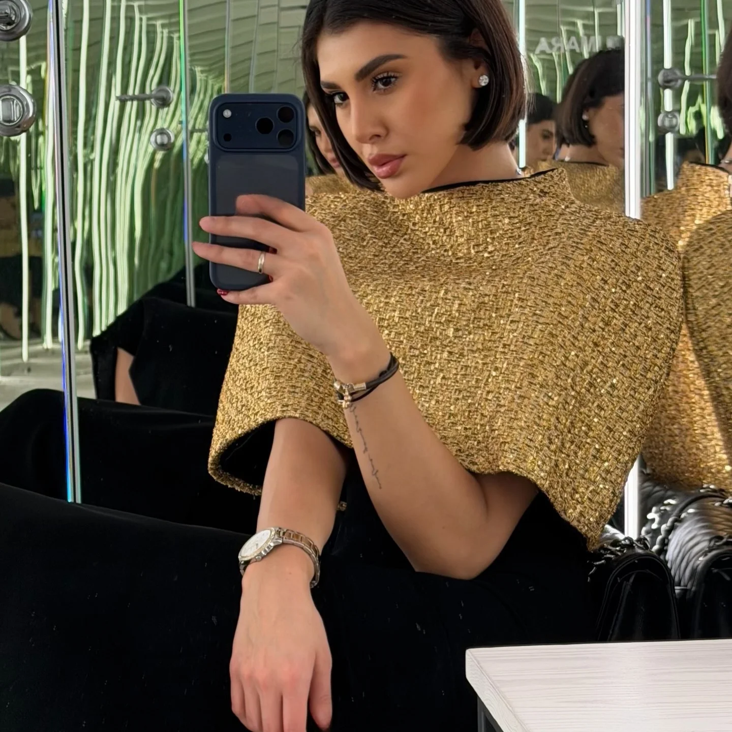 

Elegant Golden Woven Top Spring Autumn New Style Cross-Border Style Commute Style Slim Fit Single Piece Pure Color for Women
