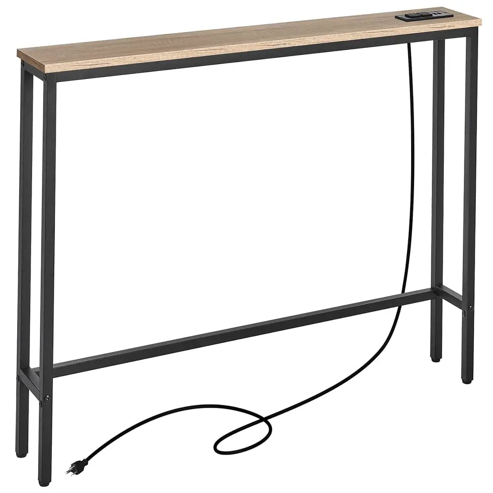 

5.9"" Narrow Console Sofa Table With Power Outlets, 5.9"" Dx39.4 Wx31.1 H Long Couch Table With Metal Frame And Charge Station