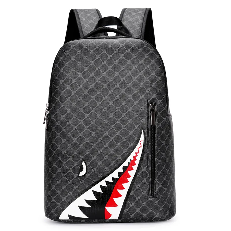 Simple Personality Fashion Shark Mouth Men\'s Backpack Plaid High School Student College Student School Bag Computer Backpack