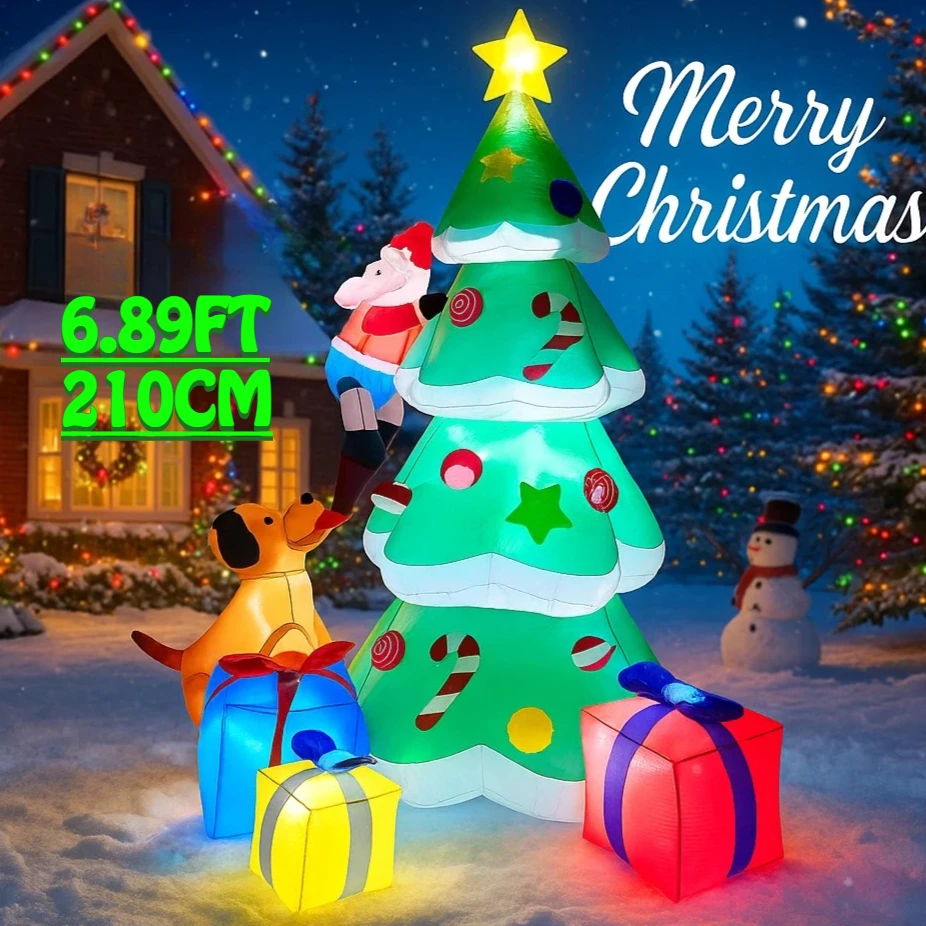 ชุดของตกแต่งเป่าลมขนาด 6.89 ฟุต ต้นคริสต์มาส ซานตาคลอส สุนัข กล่องของขวัญ อุปกรณ์ตกแต่งสนามคริสต์มาส ไฟ LED ของประดับตกแต่งบ้าน ของขวัญเทศกาล