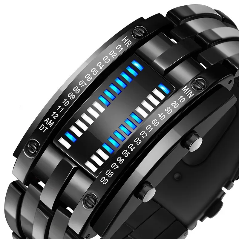 Korean Trendy Led Steel Man Double Line Binary Fashionable Student Couple Unique Electronic Watch Wholesale Available