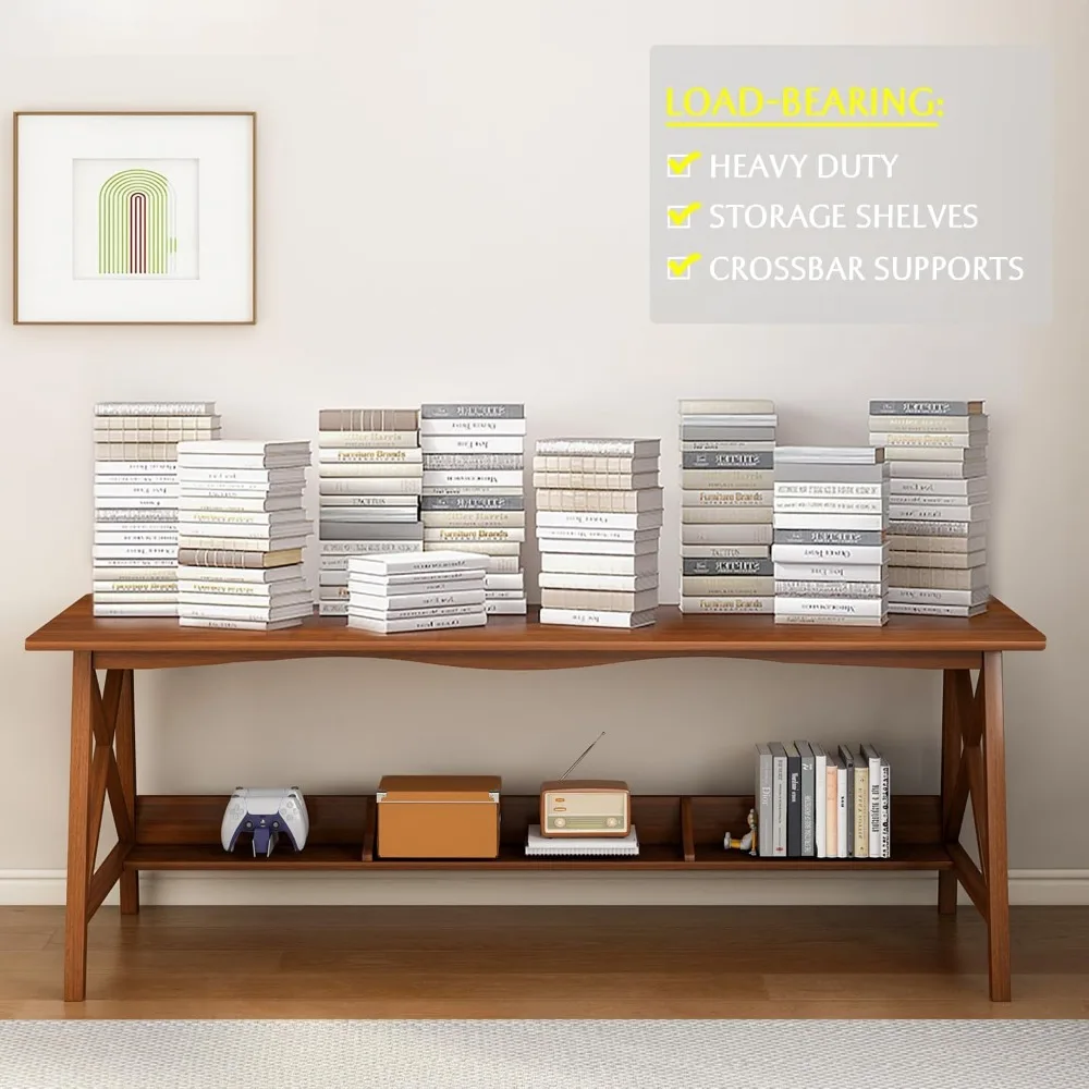 مكتب خشبي طويل جدًا مع رف كتب - طاولة دراسة للعمل في المكتب المنزلي، محطة عمل للكتابة مع رف تخزين من خشب الجوز