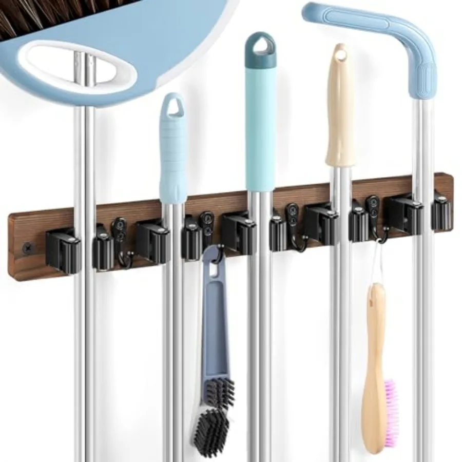 

Brown Broom Holder Wall Mount - Heavy Duty Wood Mop and Broom Organizer with 5 Slots and 4 Hooks - Rustic Garden Tool Hanger fo