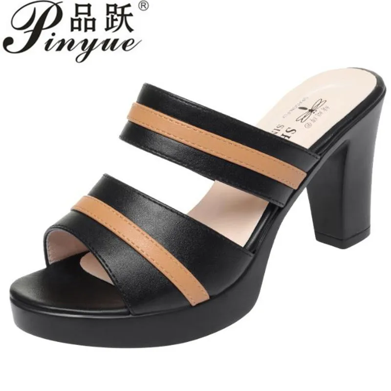 

6.5cm 8.5cm Elegant Mix Color Soft Leather Slippers Women's Platform Shoes Summer Block High Heels Slides Office Model Slipper