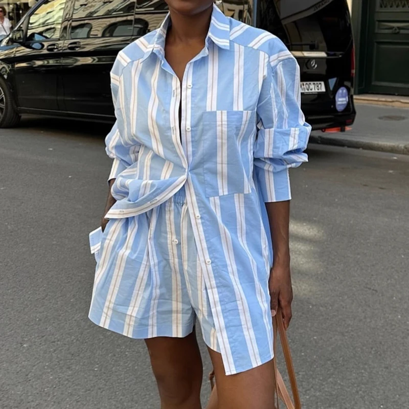 Ensemble chemise à manches longues boutonnée et short à taille élastique pour femme, imprimé rayé élégant, tenue décontractée streetwear, ensemble 2 pièces