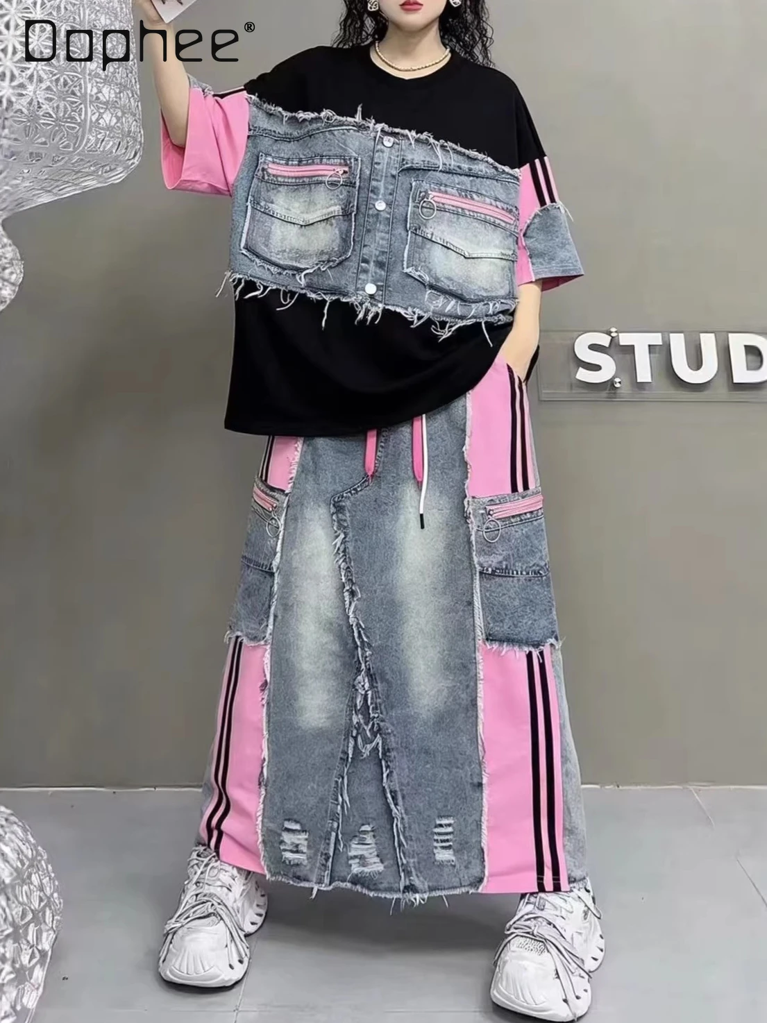 

European Skirt Women's 2026 Spring Summer New Short Sleeve T-Shirt Heavy Industry Denim Splicing Cotton Contrasting Long Skirt