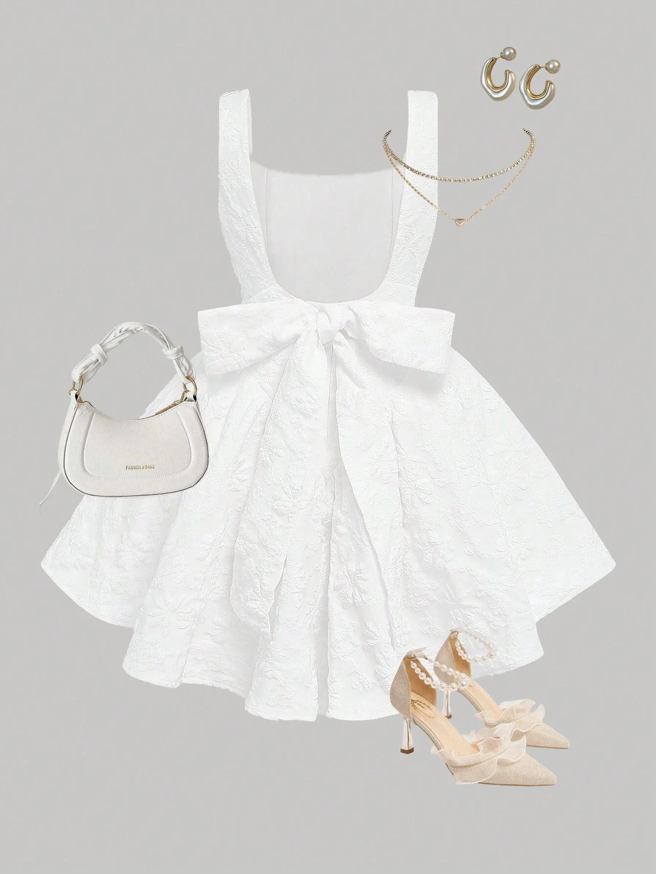 

Elegant White Jacquard Open Back Dress with Detachable Bow for Graduation