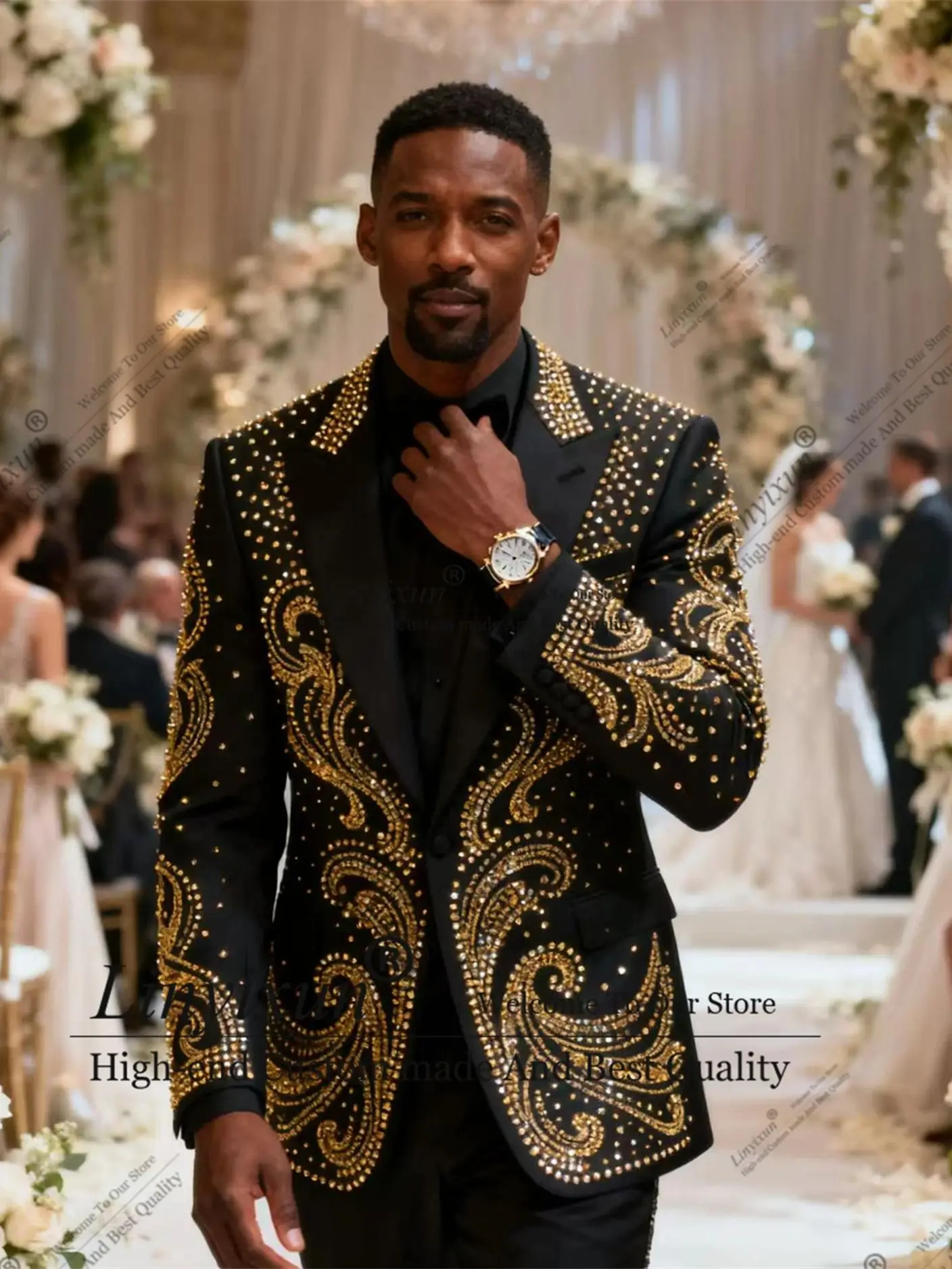 Trajes de boda bordados con cuentas de lujo para hombre, esmoquin de 2 piezas para novio, solapa en pico, chaqueta de graduación para hombre, traje personalizado para hombre