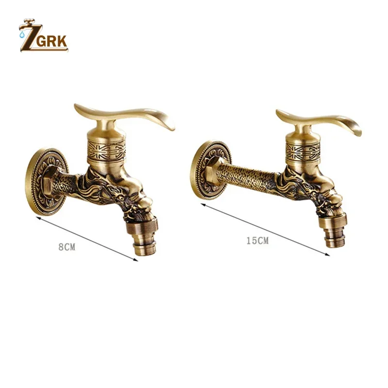 ZGRK Carved Wall Mount Bibcock Brass Retro Tap Decorative Outdoor Garden Taps Washing Machine Mop Luxury Antique WC Faucet