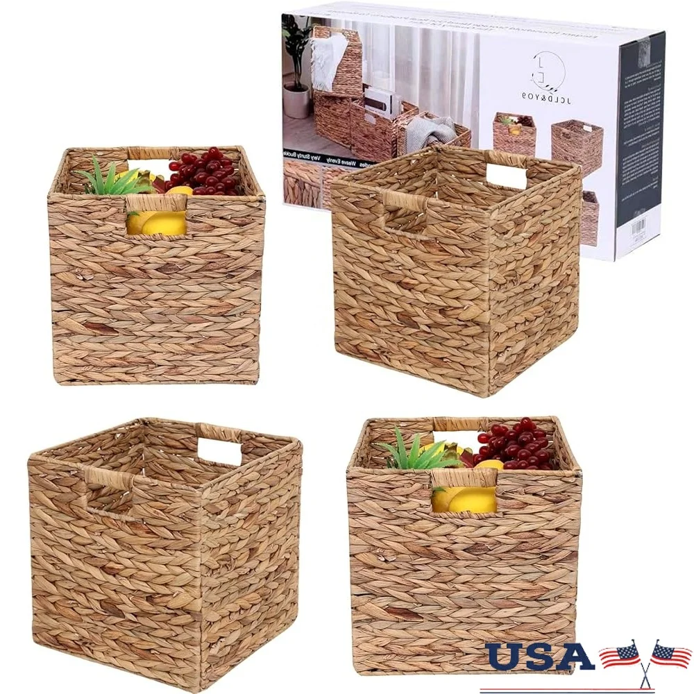 

Foldable Handwoven Water Hyacinth Storage Baskets Set of 4 Cube Rectangular Bins Laundry Organizer Totes Decorative Portable