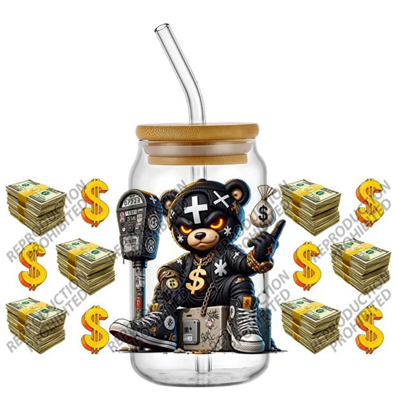 Violent Bear Design 3D UV DTF Cup Wrap for 16oz Libbey DIY money pattern Wraps Transfers 3D Sticker home decoration