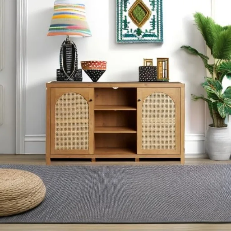 Credenza a 4 ante da 58" con pannelli in rattan ad arco - Rovere inglese