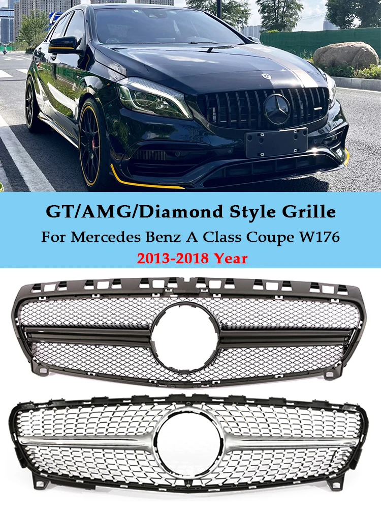 A45 GT Diamond AMG Style Silver Grille Front Bumper For Mercedes Benz A Class W176 A35 A180 A200 A250 A260 2013-2018 Camera Hole