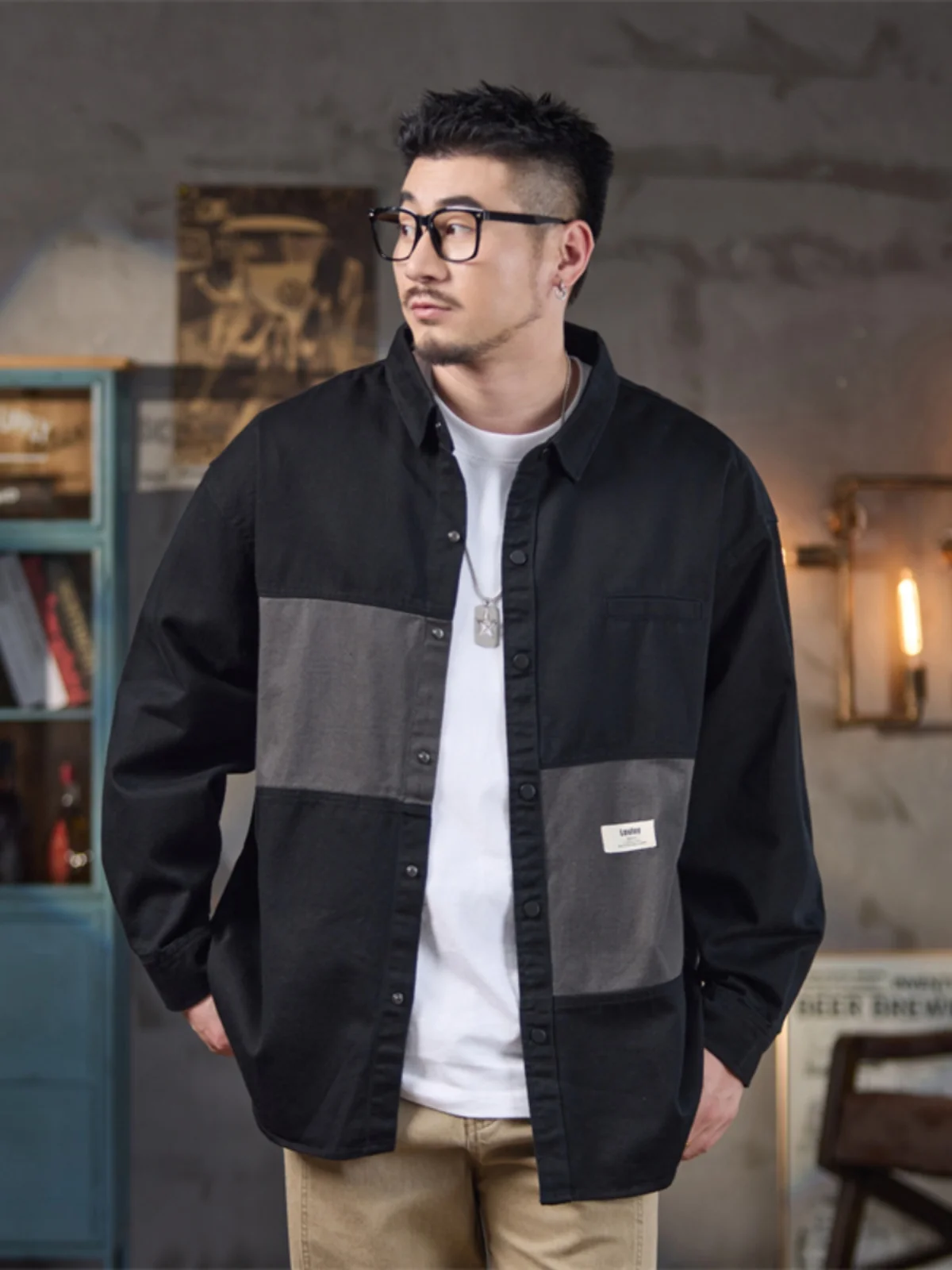 

Loose Fit Japanese Sle Patchwork Color Denim irt Men's Casual Long Sve Jaet Youth Trendy Brand Spring Autumn Wear