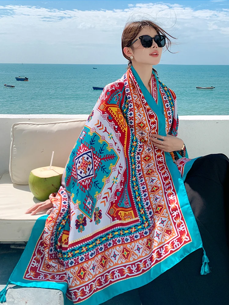 Summer Vintage Elegant Women Silk Scarf Beach Wrap Shawl Floral Print Lady Sunscreen Bandana Hijab Mujer Bohemian Scarve Pareo